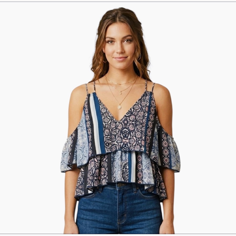 Olivaceous Boho Cami Top Blue Floral Print Ruffle Size Small